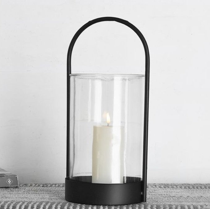 17" Black Metal Lantern with Hammered Glass Hurricane