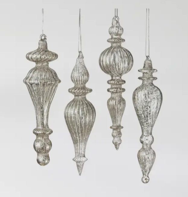 Mercury Glass Finial Ornament- Set of Four